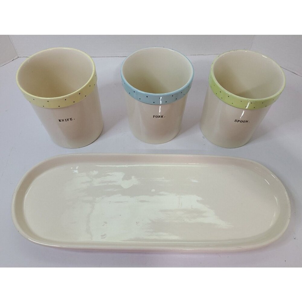 Rae Dunn 4pc Polka Dot Fork Knife Spoon Utensil Jars & Platter Blue Green Yellow - Picture 6 of 15